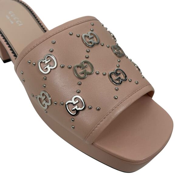 Gucci Janaya Interlocking G Studs Open Toe Slide Sandals Pink Size 39.5 - Picture 6 of 14